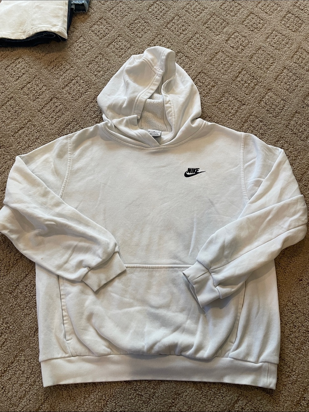 Nike White Crewneck Pullover Hoodie with Small Black Logo